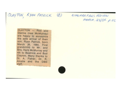 Birth Notice - CLAYTON, Ryan Patrick - March 28, 1984