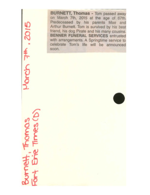 Obituary - Burnett, Thomas - March 7, 2015
