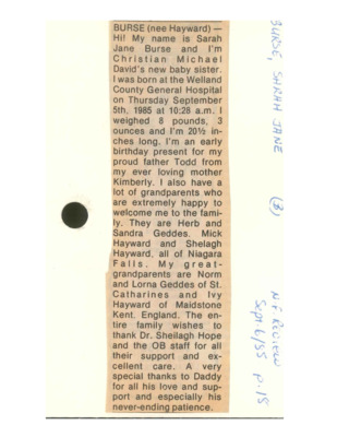 Birth Notice - Burse, Sarah Jane - September 6, 1985