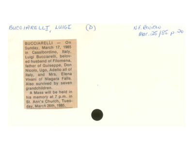 Obituary - Bucciarelli, Luigi - March 25, 1985