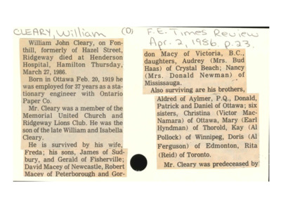Obituary - CLEARY, William - April 2, 1986