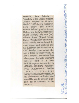 Obituary - Burden, Patricia Anne - March 12, 2005