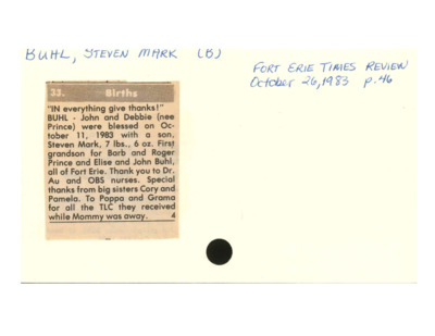 Birth Notice - Buhl, Steven - October 26, 1983
