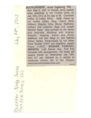 Obituary - Buchler-Nepp, Anna - July 24, 2012