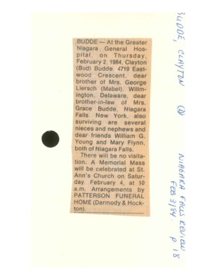 Obituary - Budde, Clayton - February 3, 1984