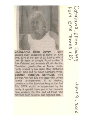 Obituary - CATALANO, Ellen Davey - June 9, 2016