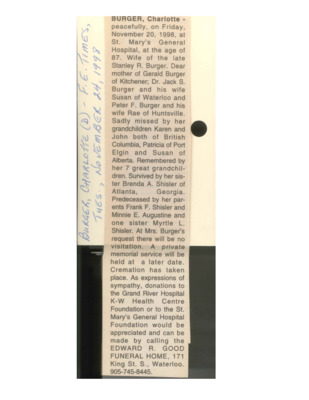 Obituary - Burger, Charlotte - November 24, 1998