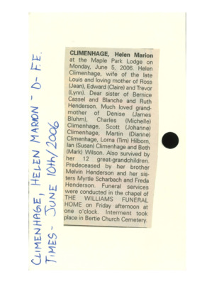 Obituary - CLIMENHAGE, Helen Marron - June 10, 2006