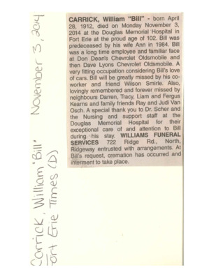 Obituary - CARRICK, William "Bill" - November 3, 2014