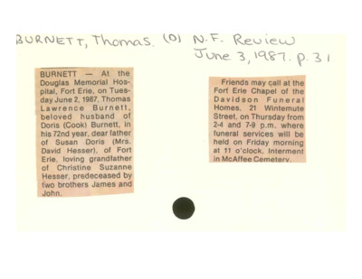 Obituary - Burnett, Thomas - June 3, 1987