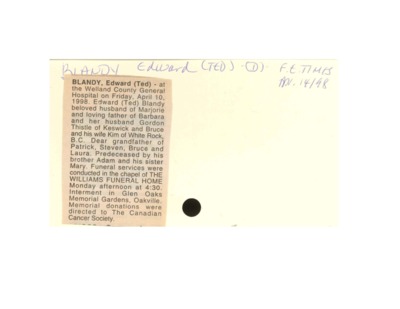 Obituary - Blandy, Edward - April 14, 1998