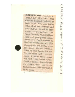 Obituary - CLARKSON, Fred - August 2, 2003
